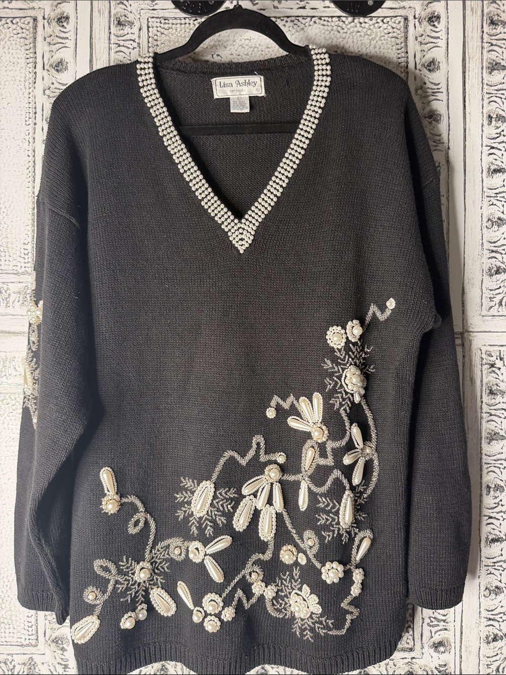Lisa Ashley Originals Black V-Neck Embellished Women's Sweater